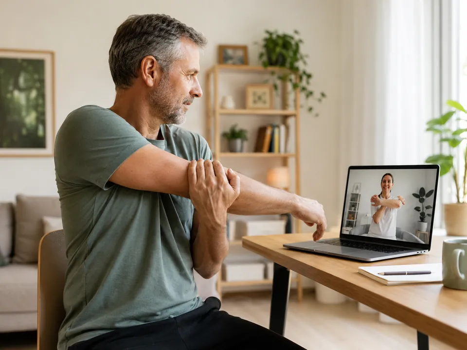 A person following an online rehabilitation session while exercising at home